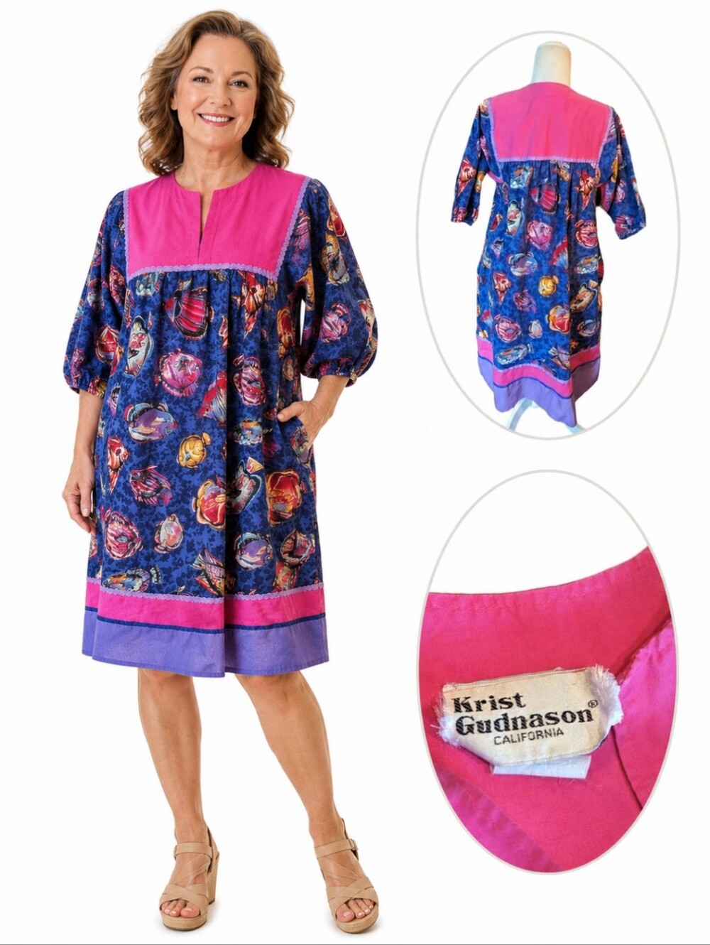 Krist Gudnason Designer Rare Print Colorful Fish Caftan Coastal Old Money sz S